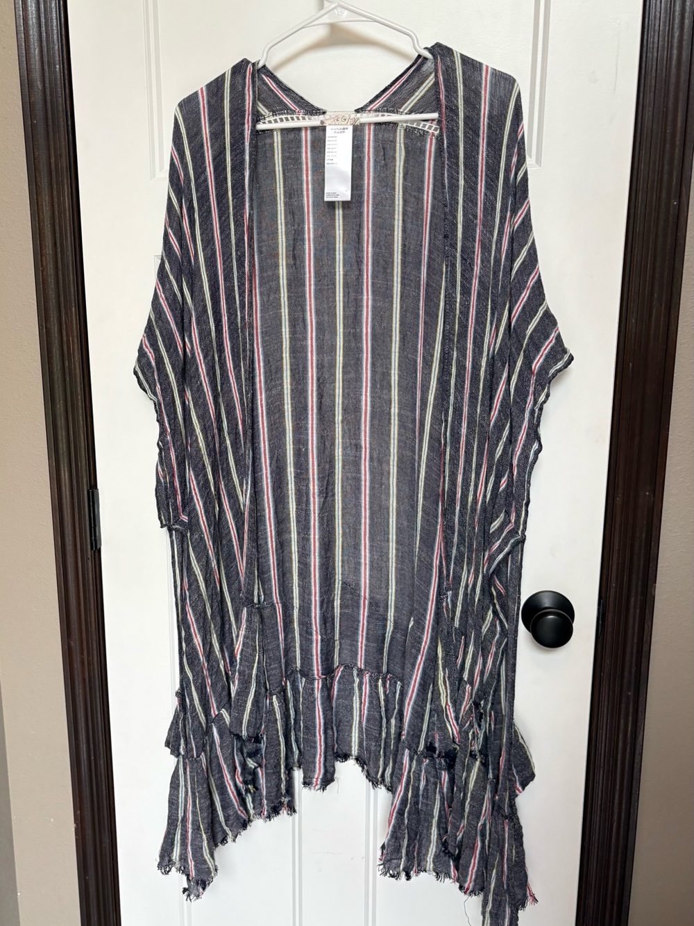 Free People There She Goes Ruffle Stripe Kimono Denim Blue Oversized OS